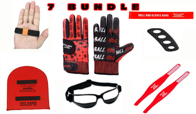 7 BUNDLE (VALUE over $130): Ball Hog Gloves Weighted, OFF PALM Shooting Aid, OFF HAND Shooting Aid, Shooting Lock, Ice Straps, Stretch band and Dribble Glasses