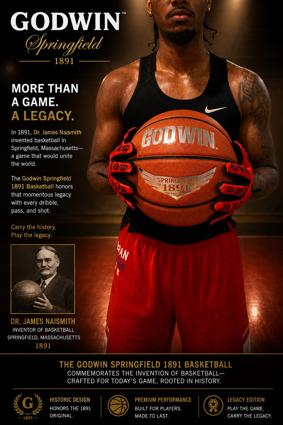 PREORDER (SHIP JULY) GODWIN Springfield 1891 Basketball – Premium Indoor Microfiber Game Ball BallHogGloves