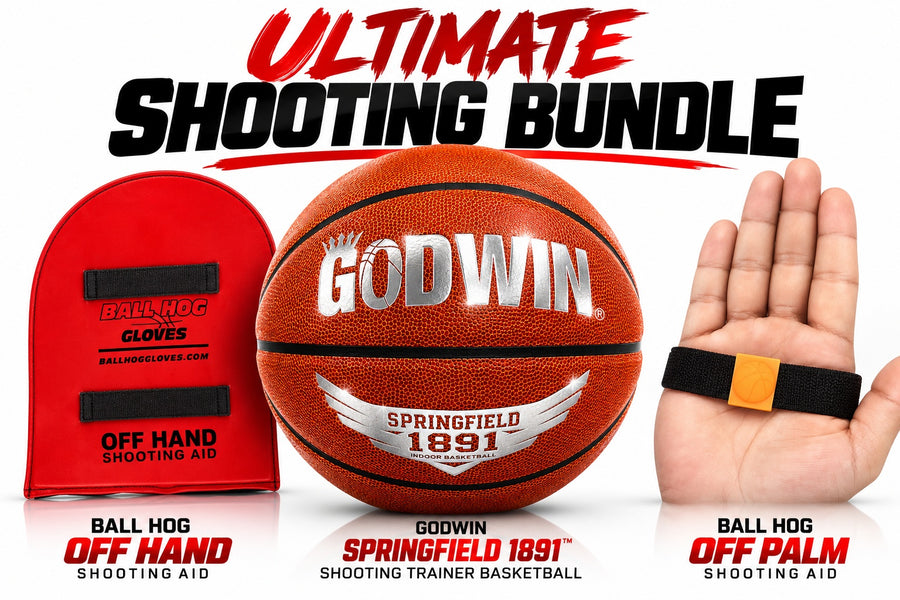 **Ultimate Basketball Shooting Trainer Bundle – Springfield 1891 Rotation Basketball + OFF HAND & OFF PALM Shooting Aids** BallHogGloves