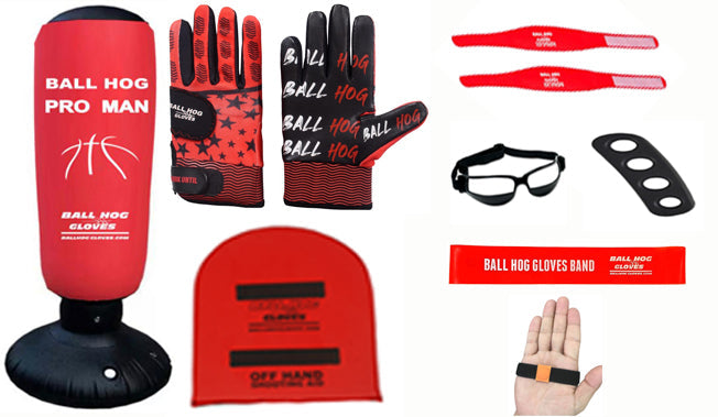 SUPER 8 BUNDLE (VALUE over $185): Ball Hog Gloves Weighted, Pro Man, OFF PALM Shooting Aid,  OFF HAND Shooting Aid, Shooting Lock, Ice Straps, Stretch band and Dribble Glasses BallHogGloves
